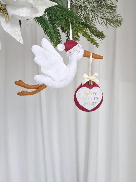 Personalised Christmas Pregnancy Announcement Stork, Baby Due 2027 Ornament, New Baby Reveal