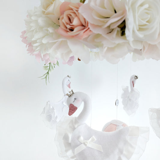 Swan Ballet in the Clouds - Luxury Baby Mobile with Blush Balloon and Floral Crown