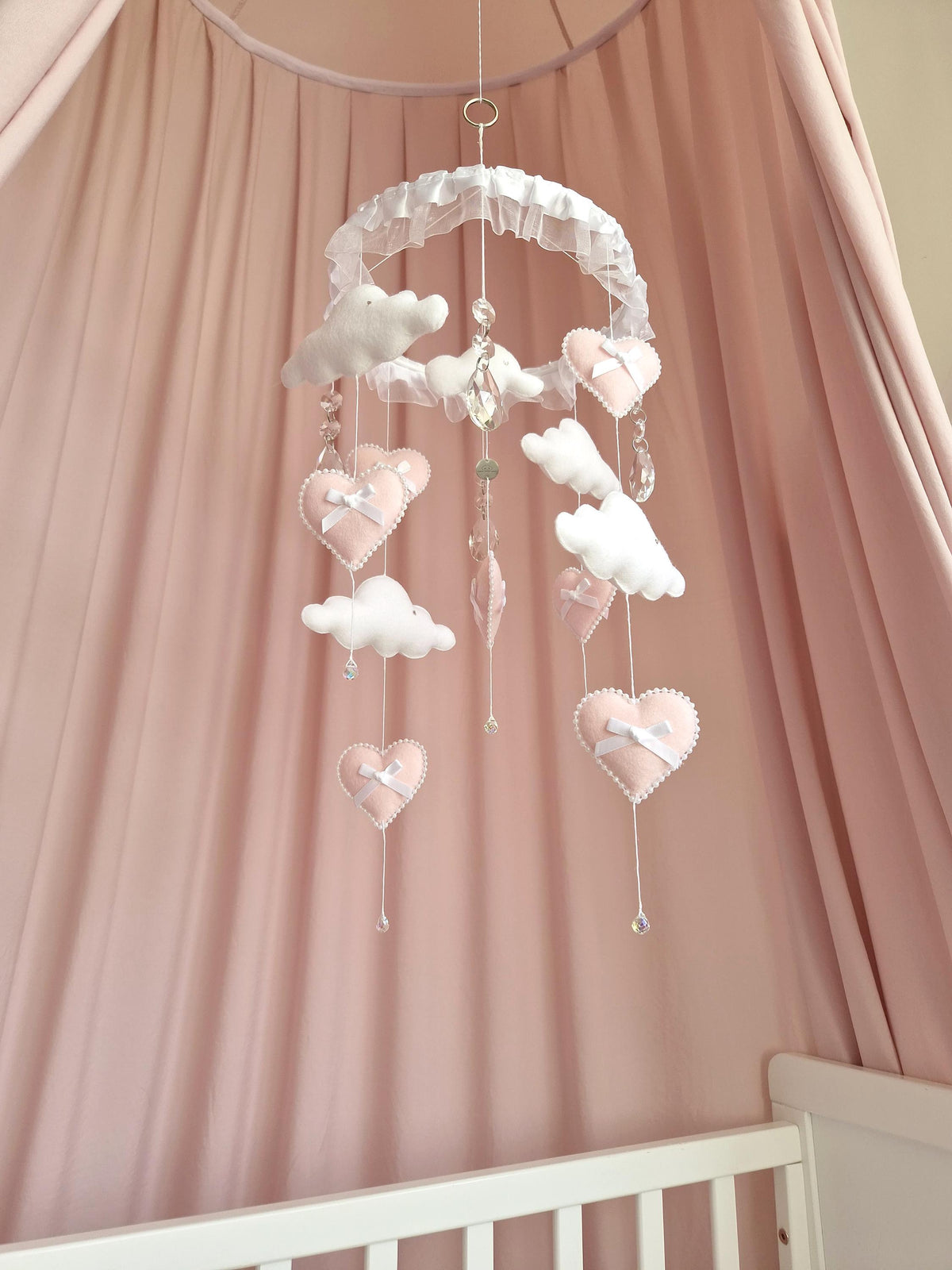 Pink and White Felt Heart Cloud Baby Mobile, with Crystals, Nursery Decor, Personalised Baby Gift
