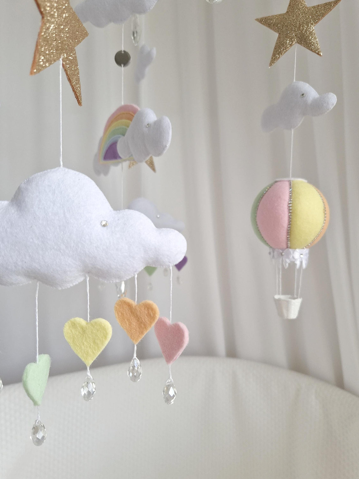 Rainbow Hot Air Balloon Baby Mobile, Pastel Nursery Décor, Baby Shower Gift