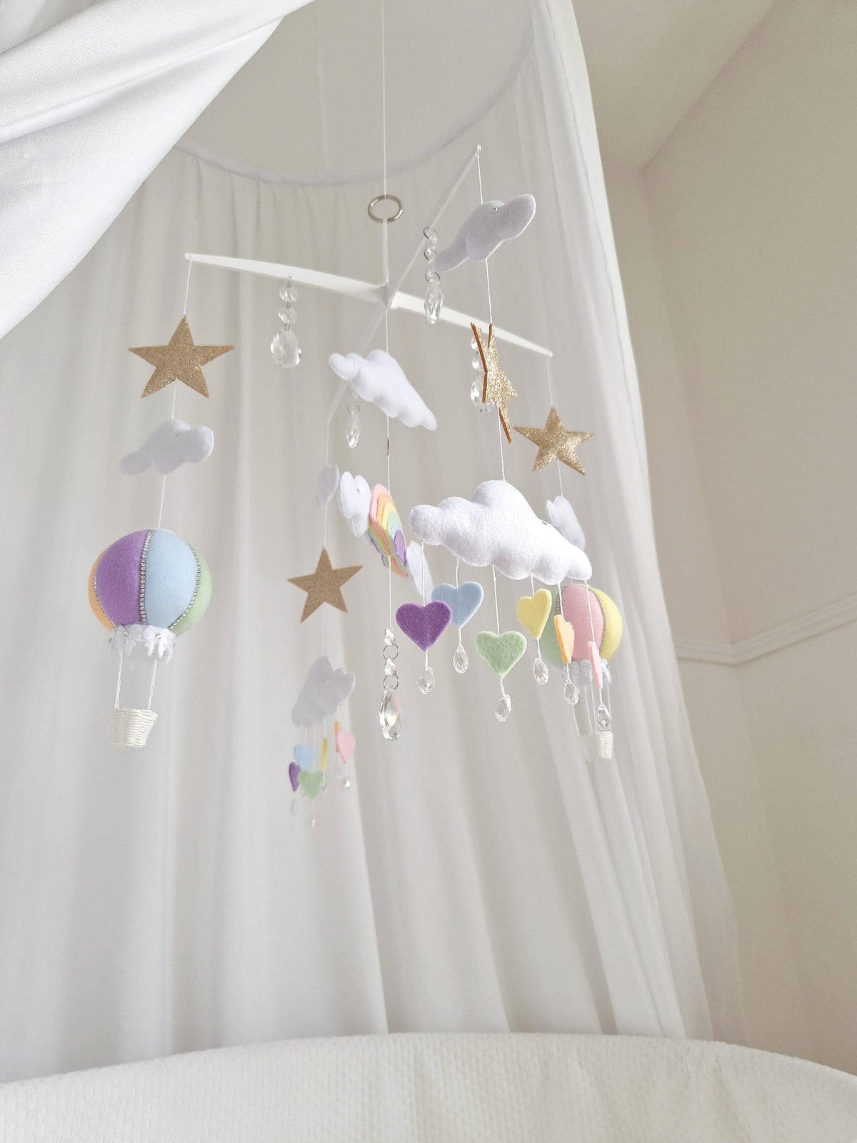 Rainbow Hot Air Balloon Baby Mobile, Pastel Nursery Décor, Baby Shower Gift