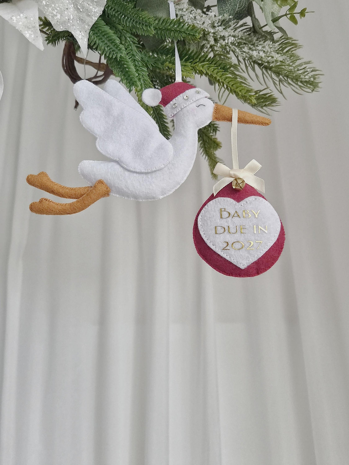 Personalised Christmas Pregnancy Announcement Stork, Baby Due 2027 Ornament, New Baby Reveal