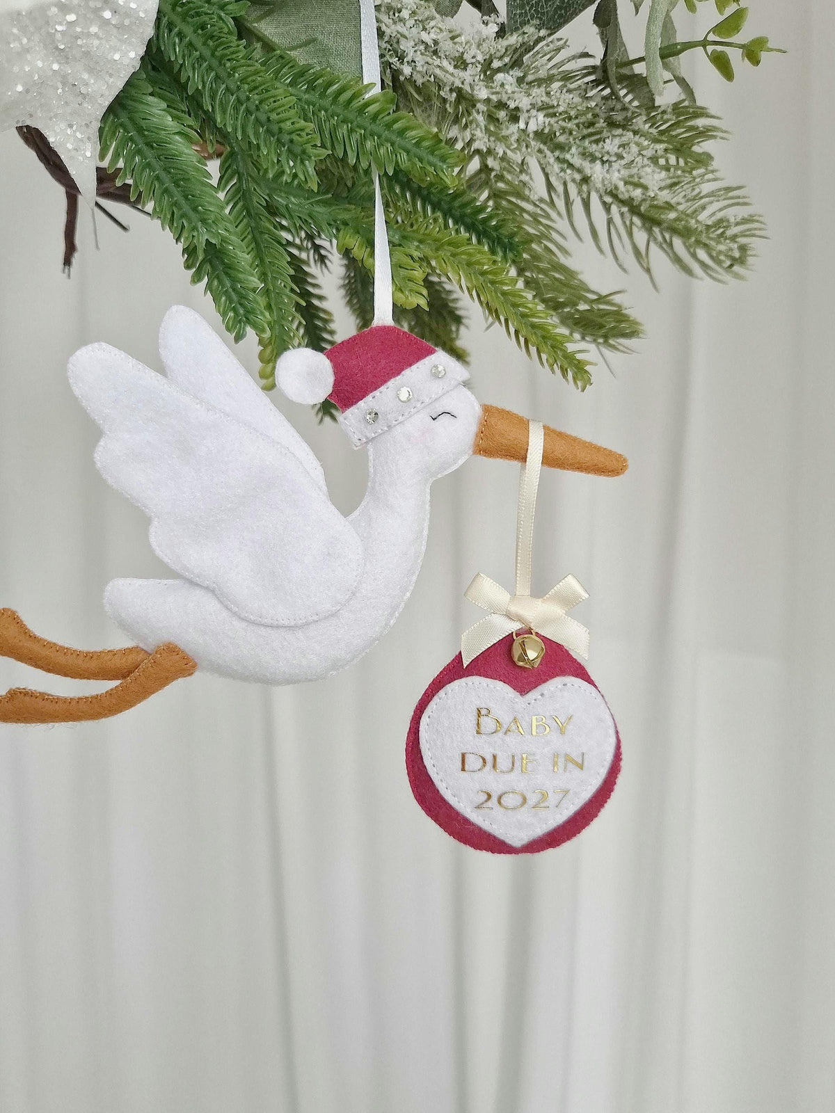 Personalised Christmas Pregnancy Announcement Stork, Baby Due 2027 Ornament, New Baby Reveal