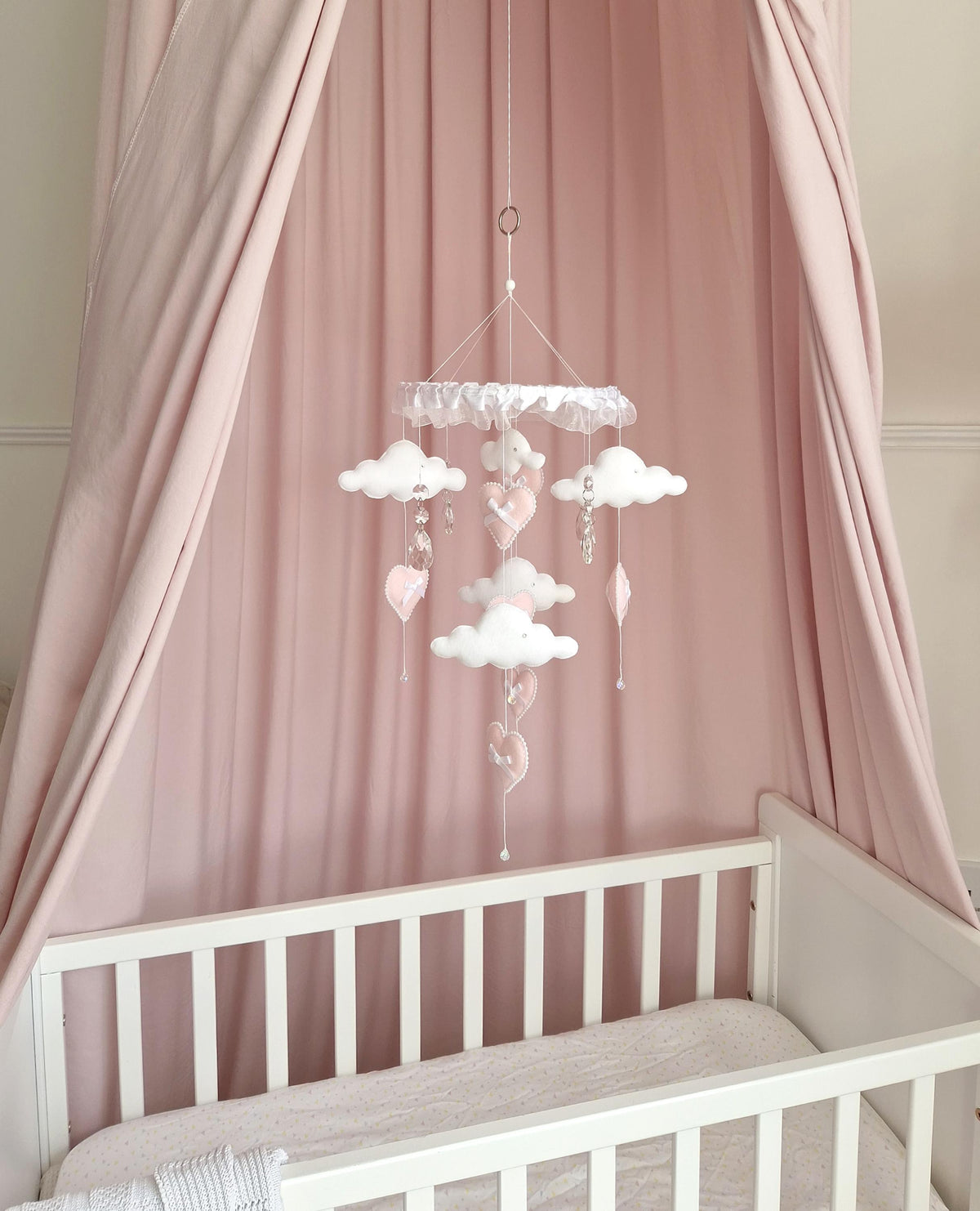 Pink and White Felt Heart Cloud Baby Mobile, with Crystals, Nursery Decor, Personalised Baby Gift