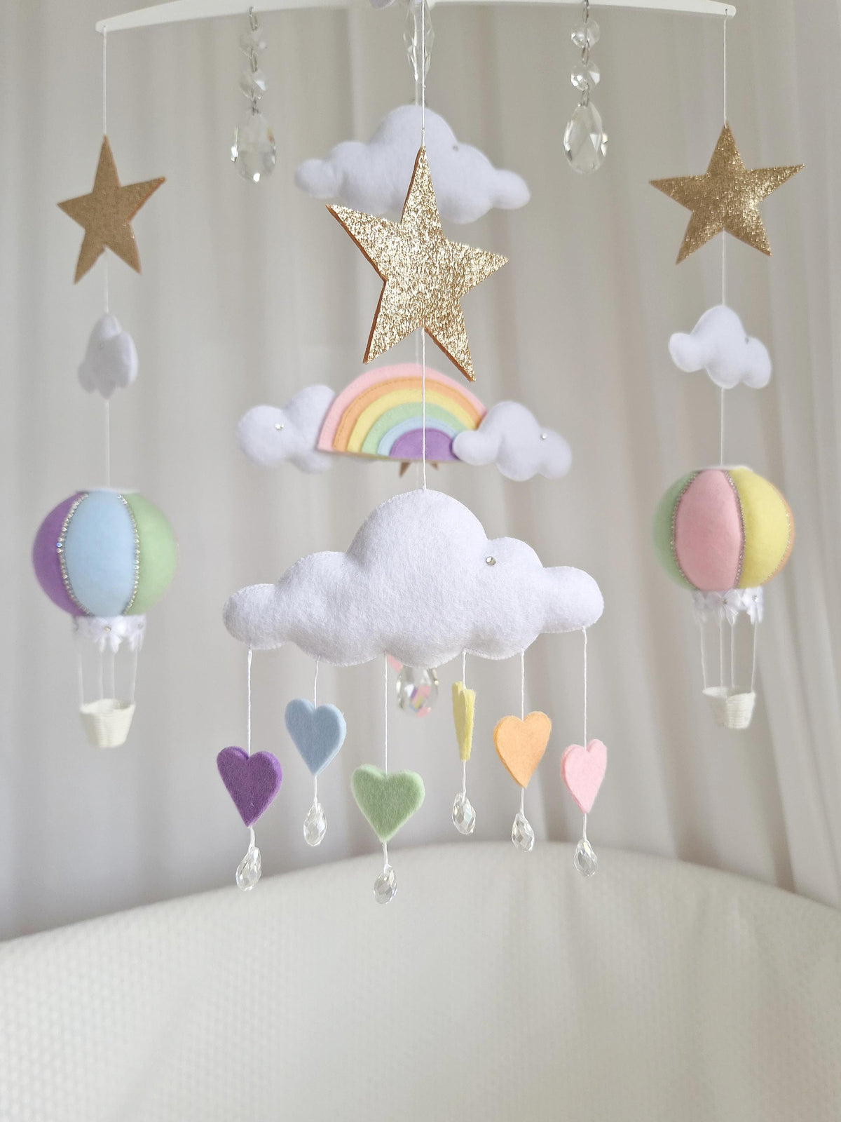 Rainbow Hot Air Balloon Baby Mobile, Pastel Nursery Décor, Baby Shower Gift