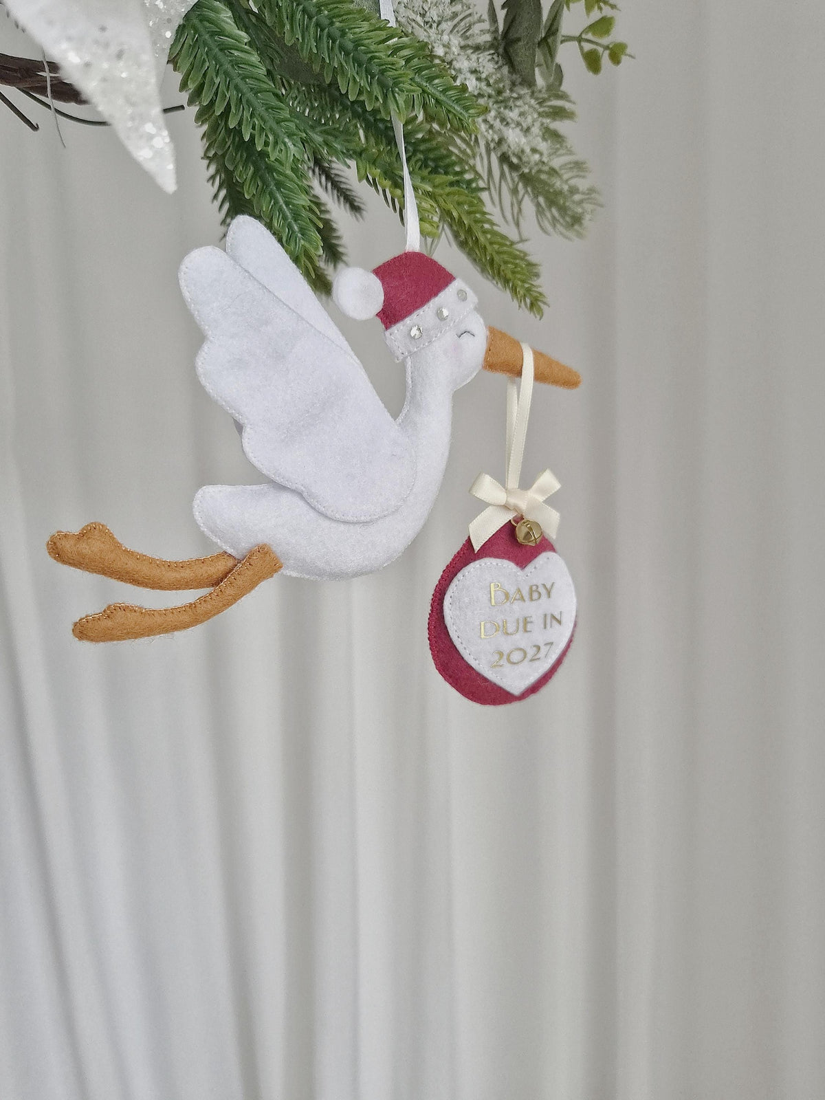 Personalised Christmas Pregnancy Announcement Stork, Baby Due 2027 Ornament, New Baby Reveal