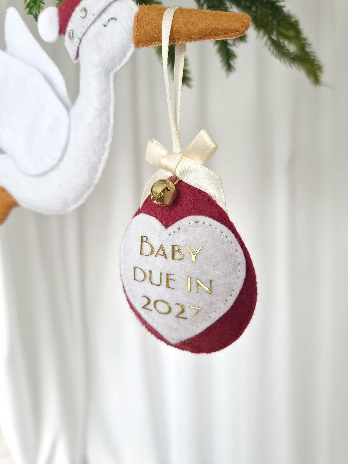 Personalised Christmas Pregnancy Announcement Stork, Baby Due 2027 Ornament, New Baby Reveal