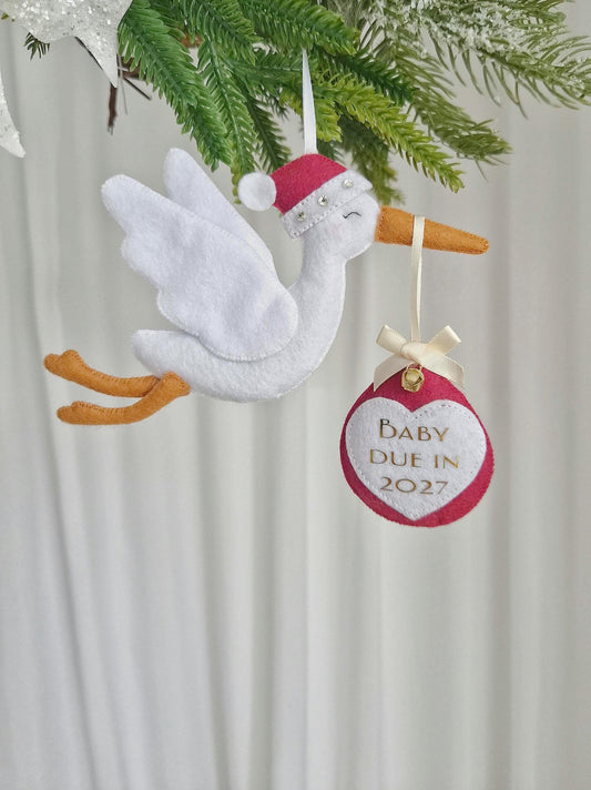 Personalised Christmas Pregnancy Announcement Stork, Baby Due 2027 Ornament, New Baby Reveal