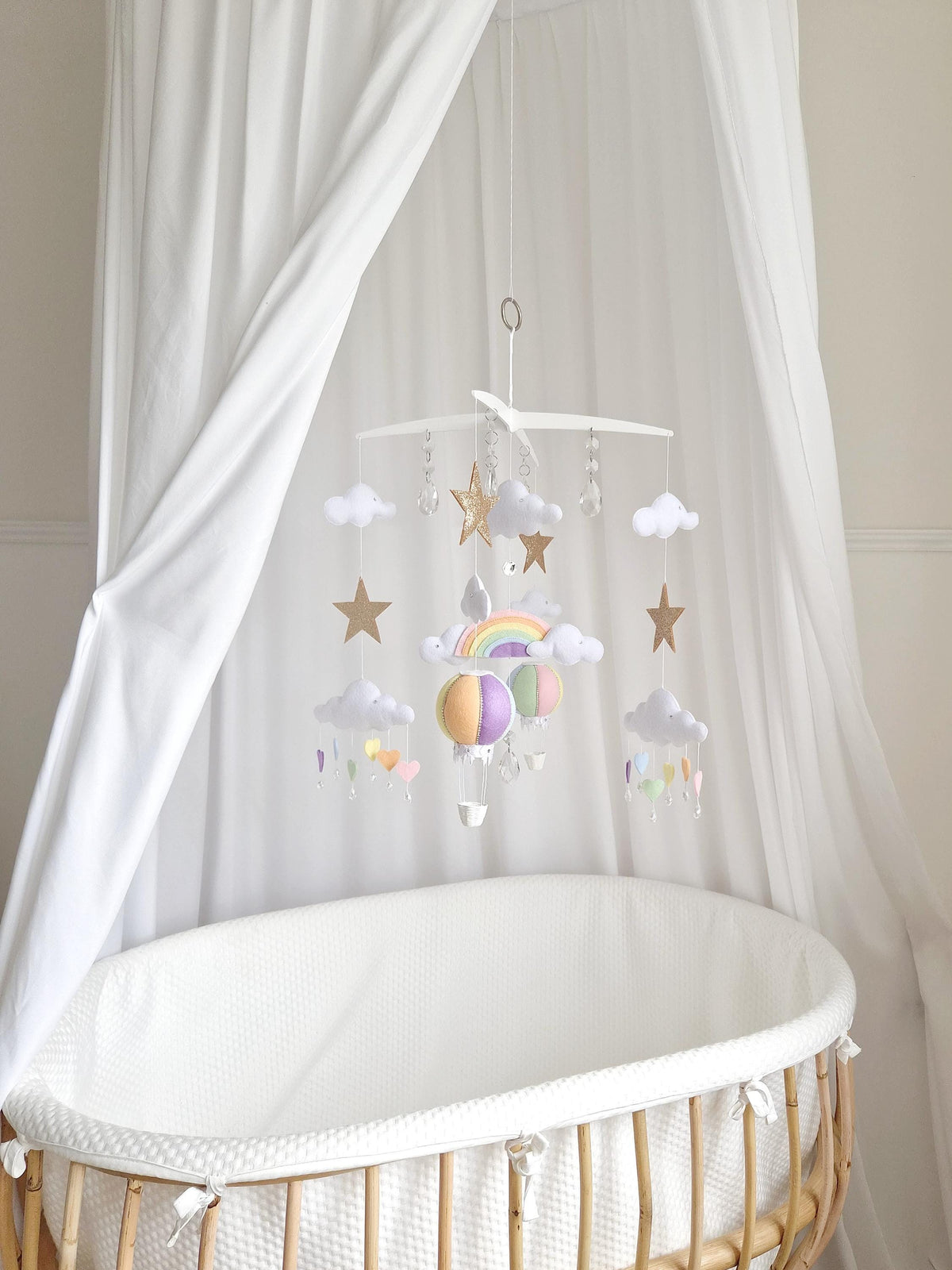 Rainbow Hot Air Balloon Baby Mobile, Pastel Nursery Décor, Baby Shower Gift