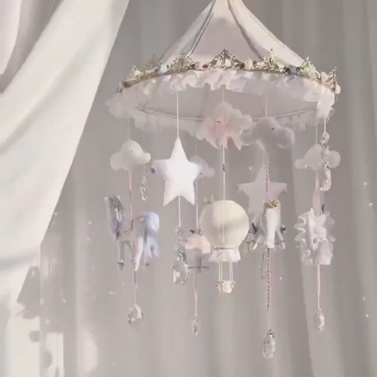Luxury Carousel Baby Mobile with Horse, Swan, Elephant and Giraffe, Pink Blue and Gold Nursery Decor