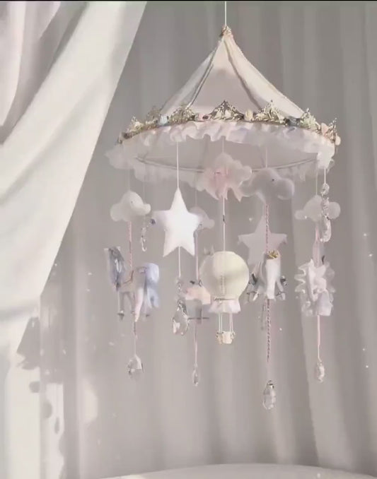 Luxury Carousel Baby Mobile with Horse, Swan, Elephant and Giraffe, Pink Blue and Gold Nursery Decor