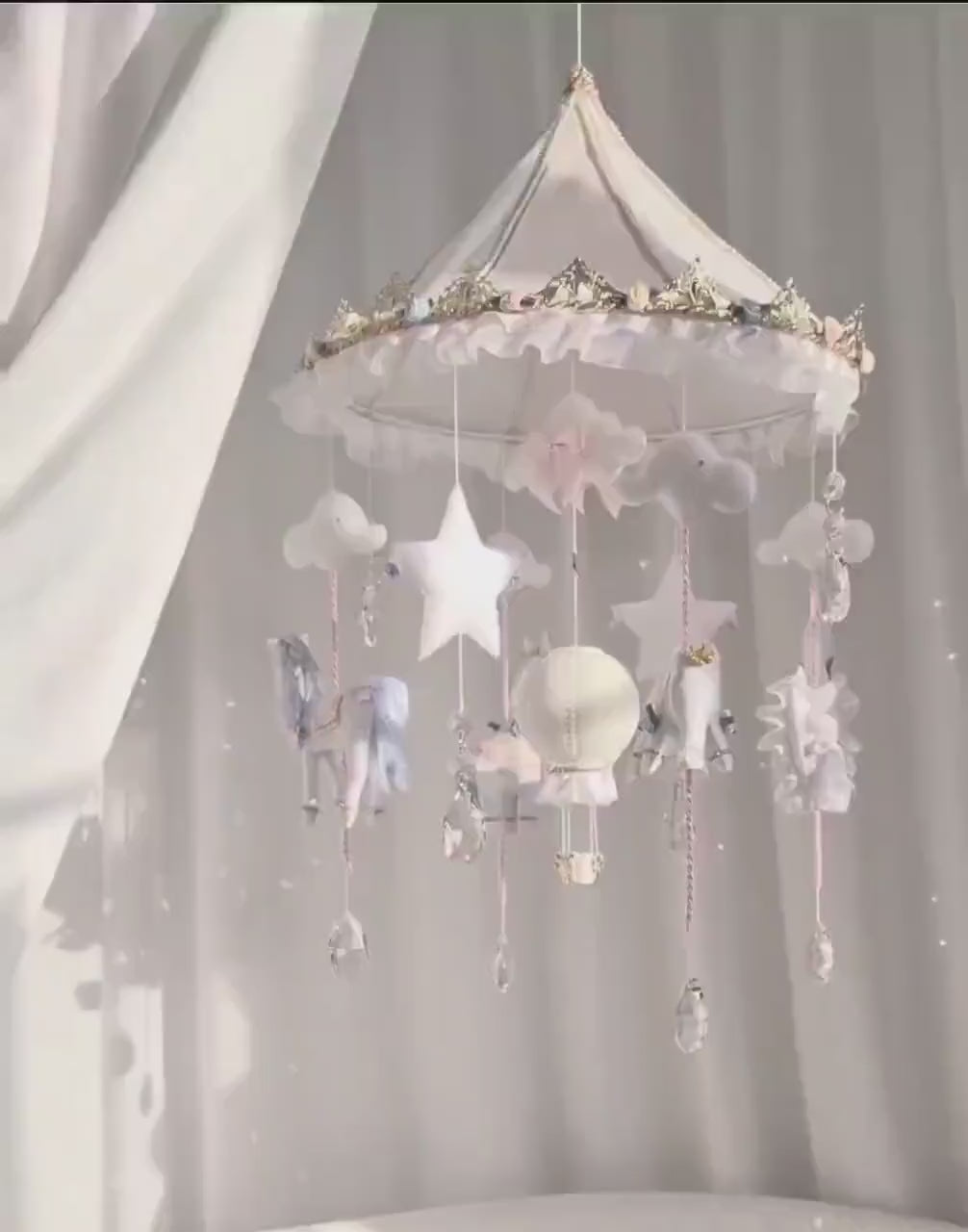 Luxury Carousel Baby Mobile with Horse, Swan, Elephant and Giraffe, Pink Blue and Gold Nursery Decor