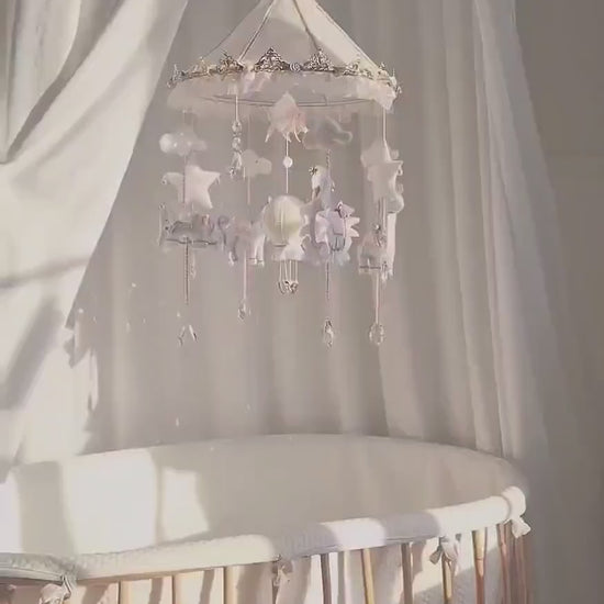 Luxury Carousel Baby Mobile with Horse, Swan, Elephant and Giraffe, Pink Blue and Gold Nursery Decor