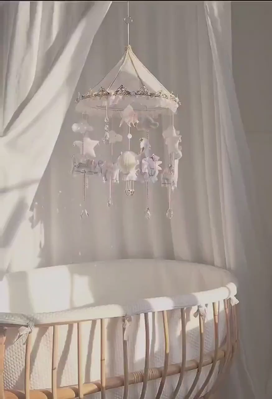 Luxury Carousel Baby Mobile with Horse, Swan, Elephant and Giraffe, Pink Blue and Gold Nursery Decor