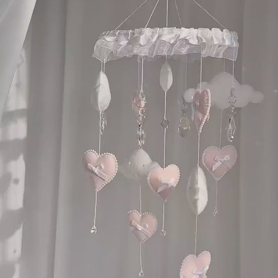 Pink and White Felt Heart Cloud Baby Mobile, with Crystals, Nursery Decor, Personalised Baby Gift