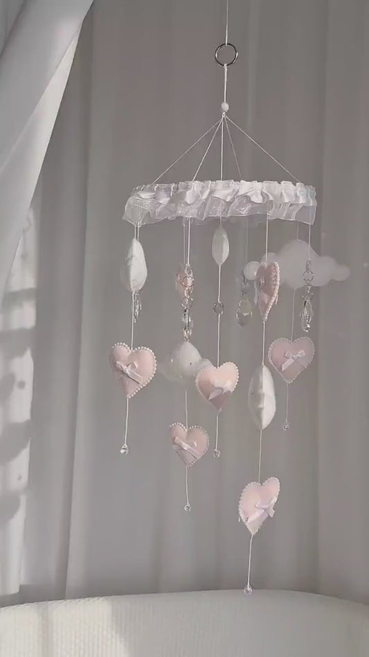 Pink and White Felt Heart Cloud Baby Mobile, with Crystals, Nursery Decor, Personalised Baby Gift