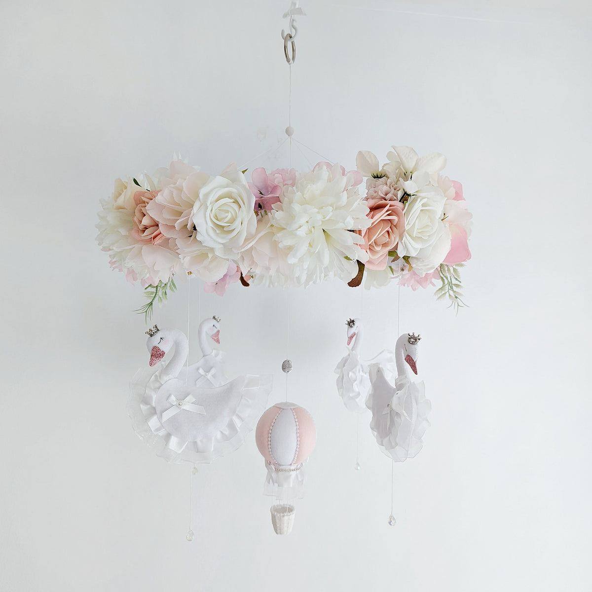 Swan Ballet in the Clouds - Luxury Baby Mobile with Blush Balloon and Floral Crown